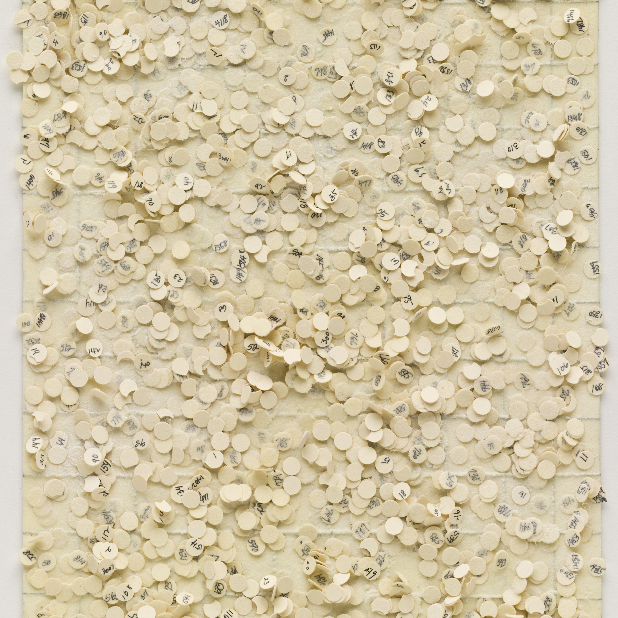 Howardena Pindell American, born 1943Untitled, (#7). 1973Ink on punched and pasted paper, talcum powder, and thread on paper, 10 1/8 x 8 3/8" (25.9 x 21.3 cm)The Museum of Modern Art. Gift of Lily Auchincloss, 1974© 2009 Howardena Pindell
