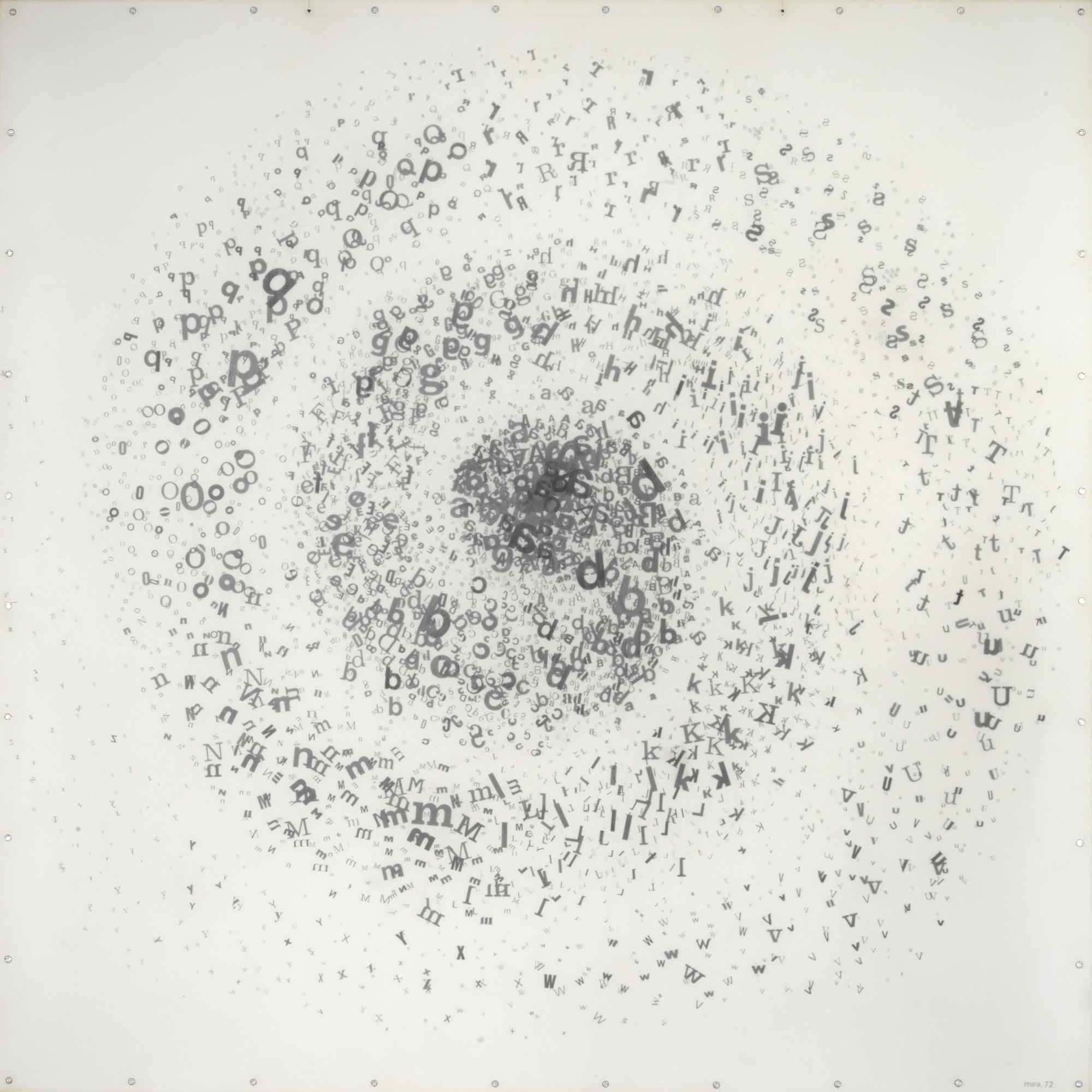 Mira Schendel. Untitled from the series Graphic Objects. 1972. Pressure sensitive transfer type on thin Japanese paper, 37 3/8 × 37 3/8″ (95 × 95 cm). Clara Sancovsky Collection. © 2009 Mira Schendel Estate