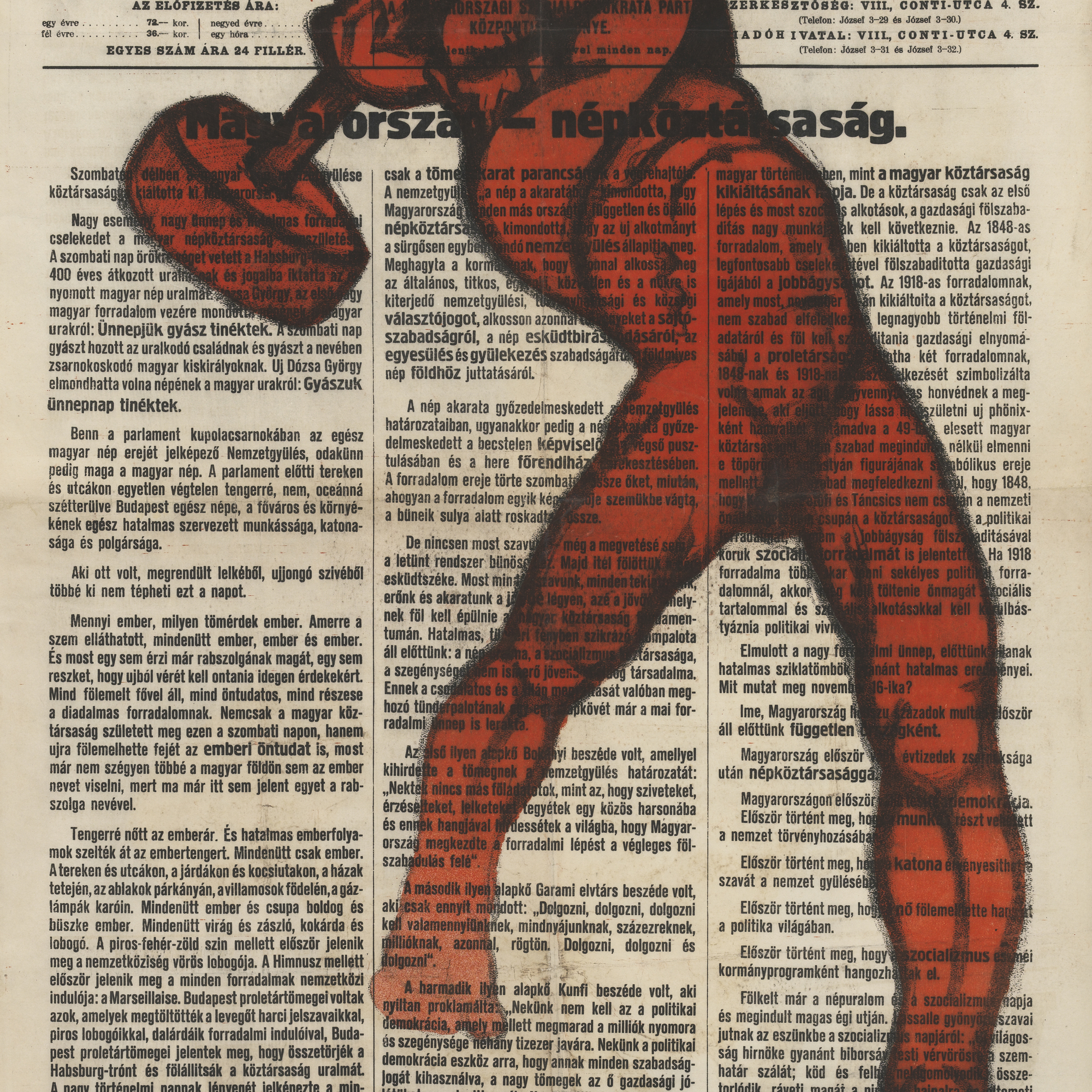 Mihály Biró. NÉPSZAVA: Magyarország népköztársaság (People’s Voice: People’s Republic of Hungary). 1918. Lithograph and newsprint, 37 × 25″ (94 × 63.5 cm). The Museum of Modern Art, New York. Gift of Jo Carole and Ronald S. Lauder, 2009