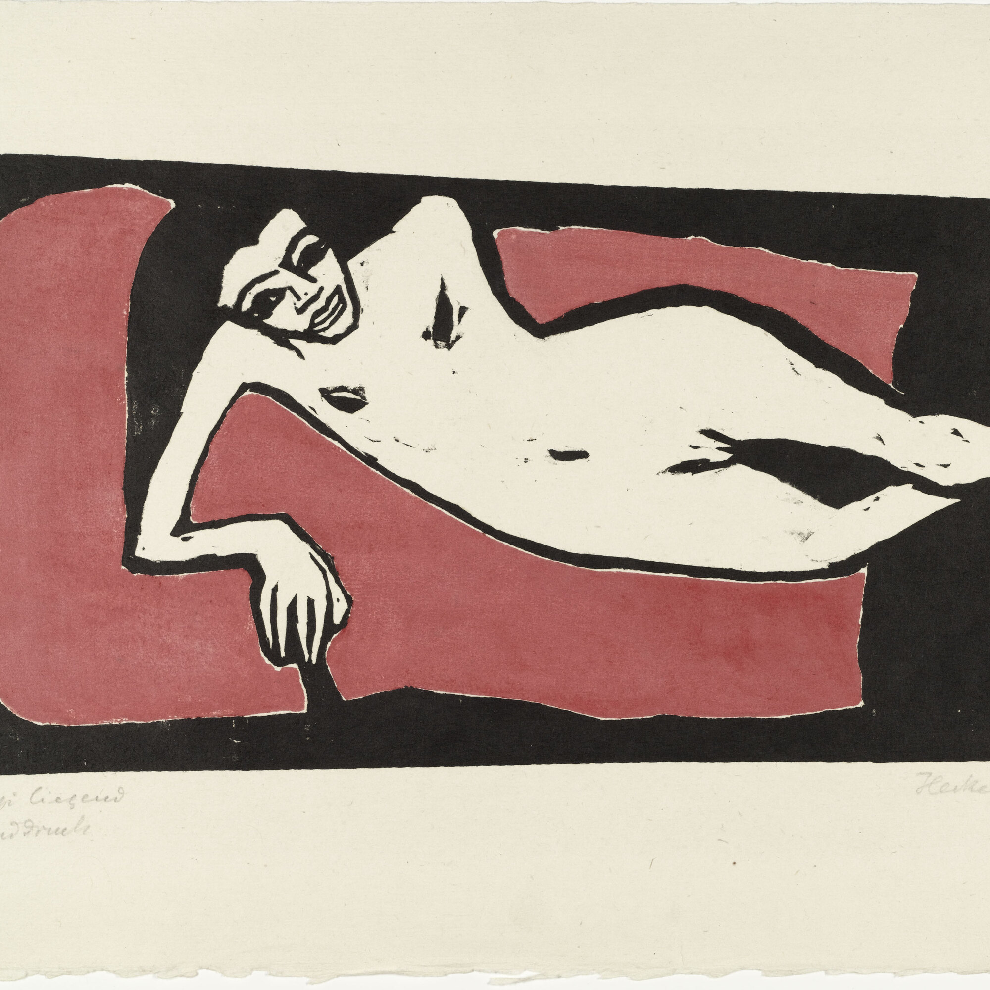 Erich Heckel. Fränzi Reclining (Fränzi liegend). 1910. Woodcut. Composition: 8 15/16 × 16 9/16″ (22.6 × 42.1 cm). Publisher: unknown. Printer: probably the artist, Dresden. Edition: unknown. The Museum of Modern Art, New York. Gift of Mr. and Mrs. Otto Gerson. © 2001 Artists Rights Society (ARS), New York/VG Bild-Kunst, Bonn