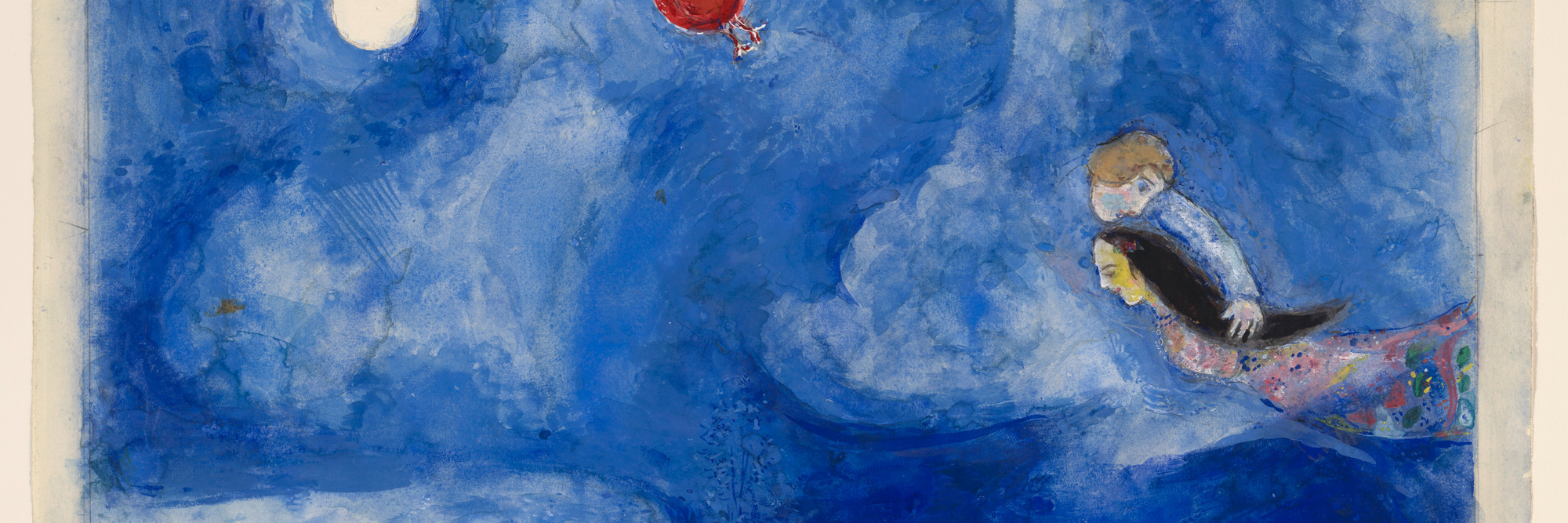 Marc Chagall. Aleko and Zemphira by Moonlight. Study for backdrop for Scene I of the ballet Aleko. 1942. Gouache and pencil on paper, 15 1/8 × 22 1/2″ (38.4 × 57.2 cm). The Museum of Modern Art. Acquired through the Lillie P. Bliss Bequest. © 2009 Artists Rights Society (ARS), New York/ADAGP, Paris.