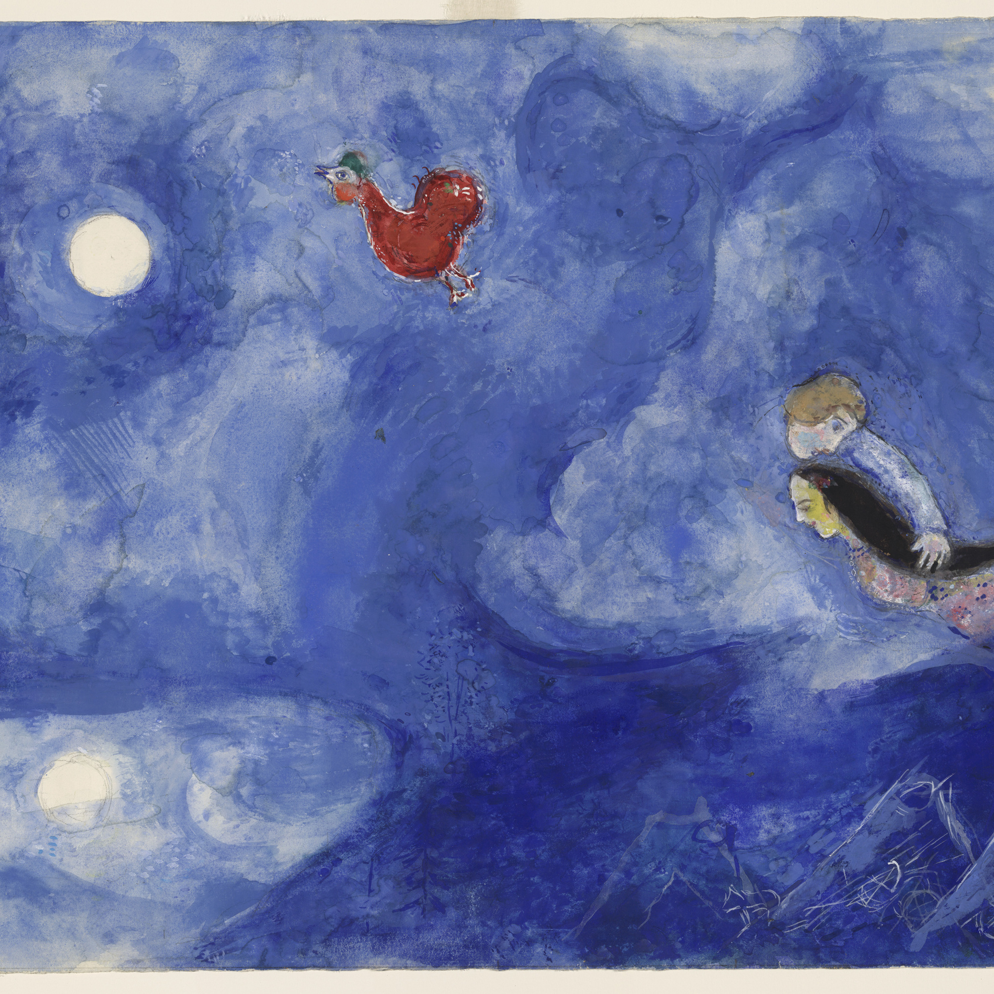 Marc Chagall. Aleko and Zemphira by Moonlight. Study for backdrop for Scene I of the ballet Aleko. 1942. Gouache and pencil on paper, 15 1/8 × 22 1/2″ (38.4 × 57.2 cm). The Museum of Modern Art. Acquired through the Lillie P. Bliss Bequest. © 2009 Artists Rights Society (ARS), New York/ADAGP, Paris.