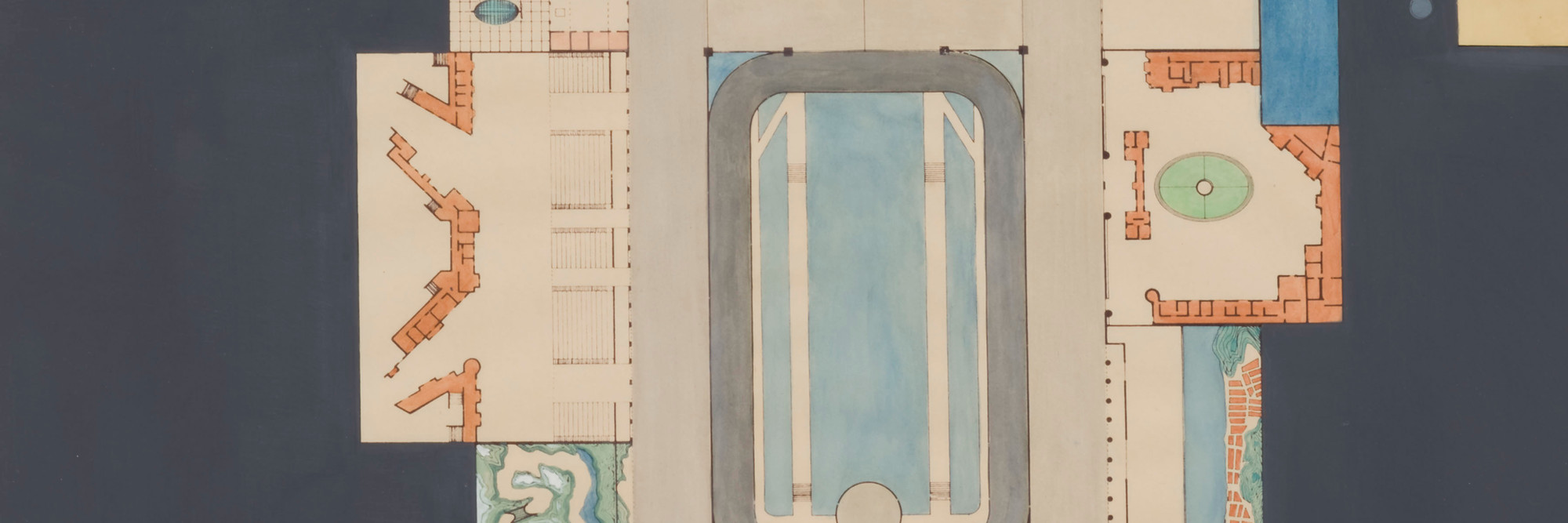 Rem Koolhaas. Plan of Dreamland. 1977. Watercolor and ink, 41 3/4 × 22″ (106 × 55.9 cm). Gift of Frederieke S. Taylor. © 2008 Rem Koolhaas