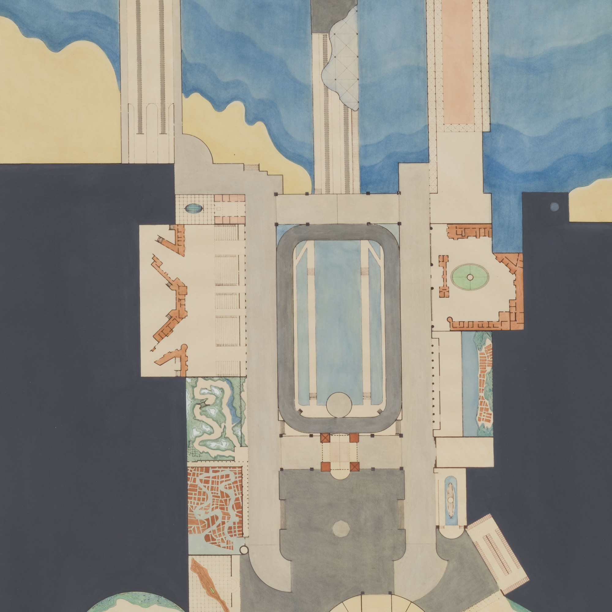 Rem Koolhaas. Plan of Dreamland. 1977. Watercolor and ink, 41 3/4 × 22″ (106 × 55.9 cm). Gift of Frederieke S. Taylor. © 2008 Rem Koolhaas