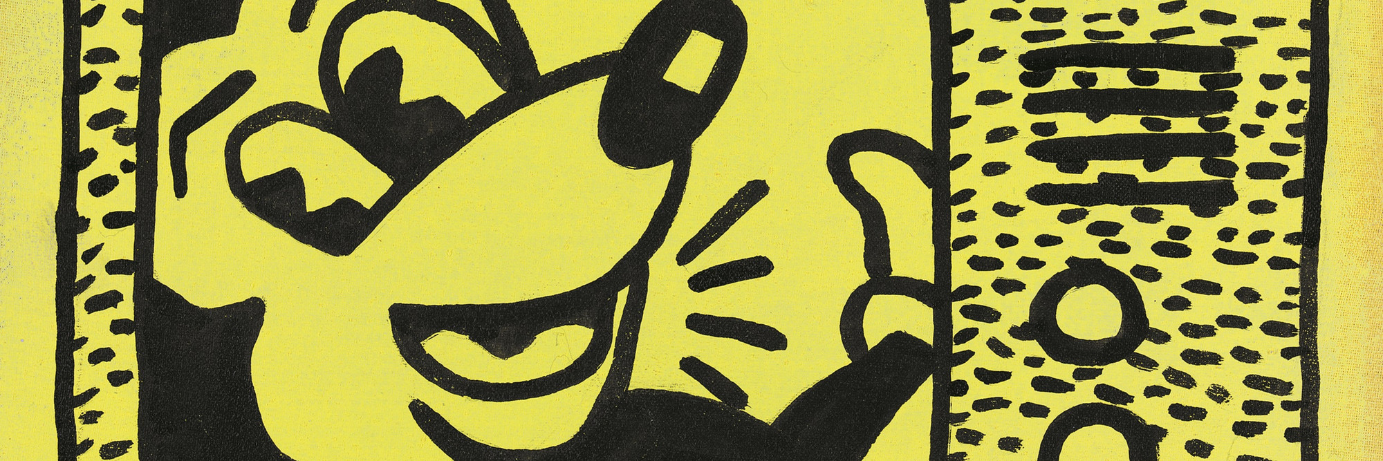 Sturtevant. Haring Tag July 15 1981. 1985. Sumi ink and acrylic on cloth, 9 13/16 × 12 13/16&#34; (25 × 32.5 cm). Estate Sturtevant, Paris. Courtesy Galerie Thaddaeus Ropac, Paris–Salzburg. Photo: Prallen Allsten. © Estate Sturtevant, Paris