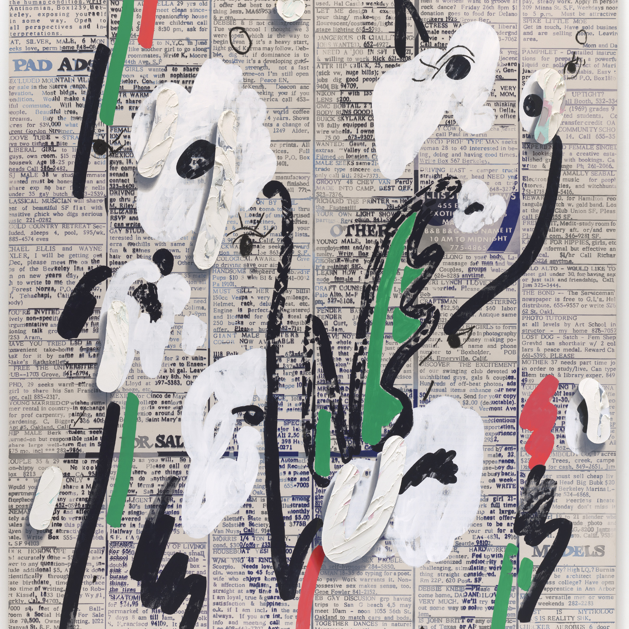Laura Owens. Untitled. 2013. Flashe paint, synthetic polymer paint, and oil stick on canvas. 11’ 5 3/8” x 9’ 11 7/8” (349.3 x 304.8 cm). The Museum of Modern Art, New York. Enid A. Haupt Fund. Photo: Jonathan Muzikar