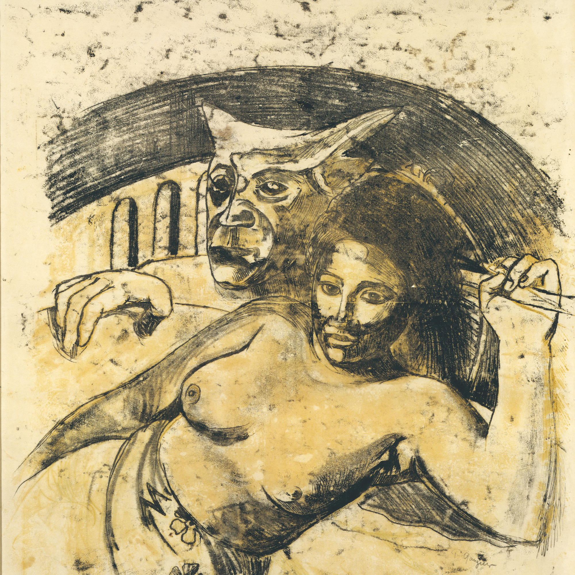 Paul Gauguin. Tahitian Woman with Evil Spirit. c. 1900. Oil transfer drawing, sheet: 22 1/16 x 17 13/16" (56.1 x 45.3 cm). Private collection