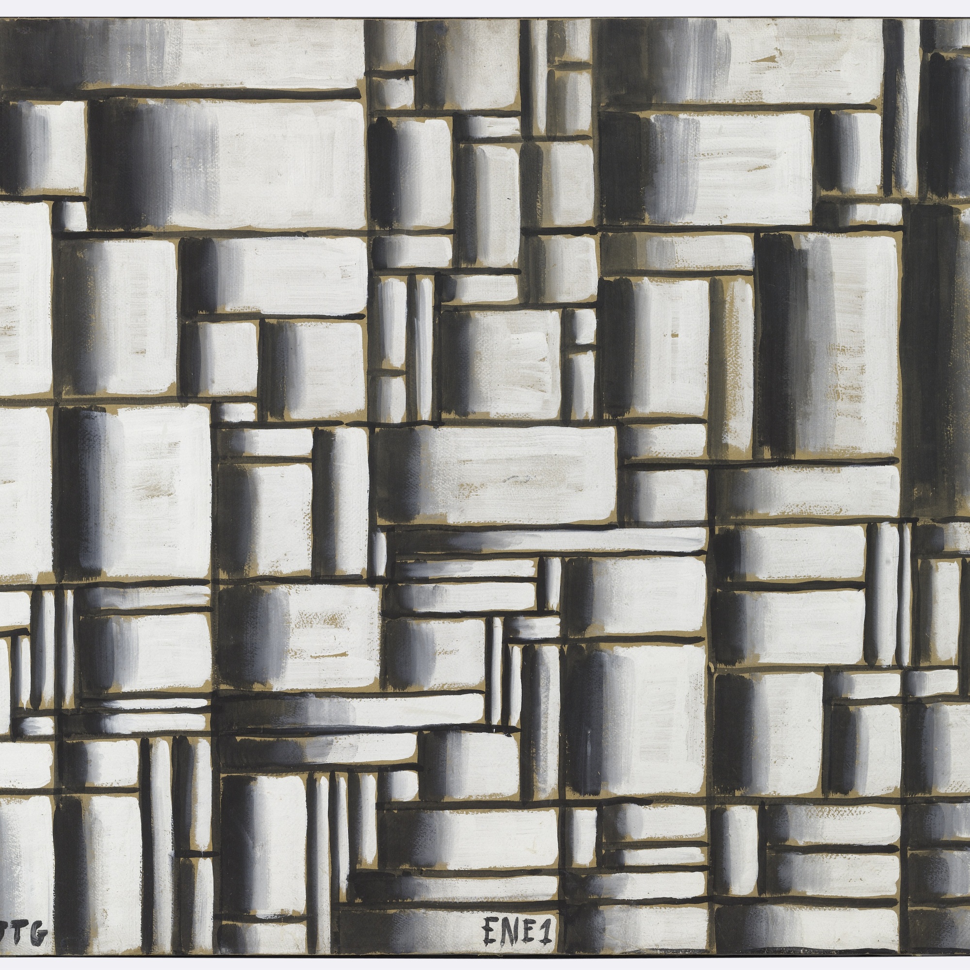 Joaquín Torres-García. Construction in White and Black. 1938. Oil on paper mounted on wood, 31 3/4 × 40 1/8″ (80.7 × 102 cm). The Museum of Modern Art, New York. Gift of Patricia Phelps de Cisneros in honor of David Rockefeller. Photo: Thomas Griesel. © Sucesión Joaquín Torres-García, Montevideo 2015