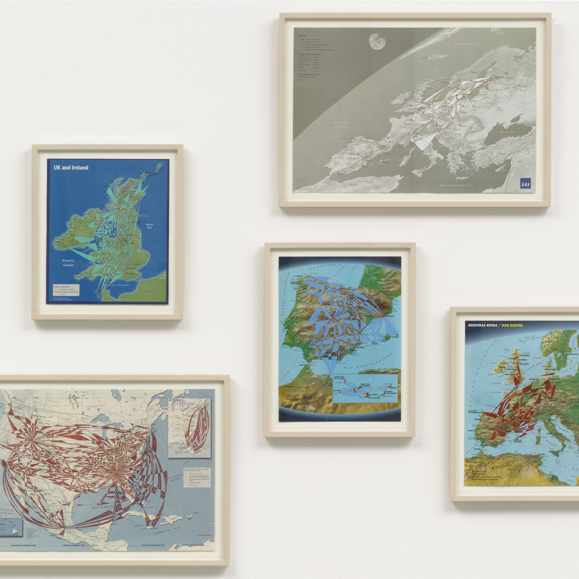 Mona Hatoum. Routes II. 2002. Colored ink and gouache on five maps, installation: 35 1/2 x 42 x 1" (90.2 x 106.7 x 2.5 cm). The Judith Rothschild Foundation Contemporary Drawings Collection Gift. © 2013 Mona Hatoum
