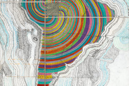 Juan Downey. Map of America. 1975. Colored pencil, pencil, and synthetic polymer paint on map on board. The Museum of Modern Art, New York. Purchased with funds provided by the Latin American and Caribbean Fund and Donald B. Marron. © 2015 Juan Downey / Artists Rights Society (ARS), New York