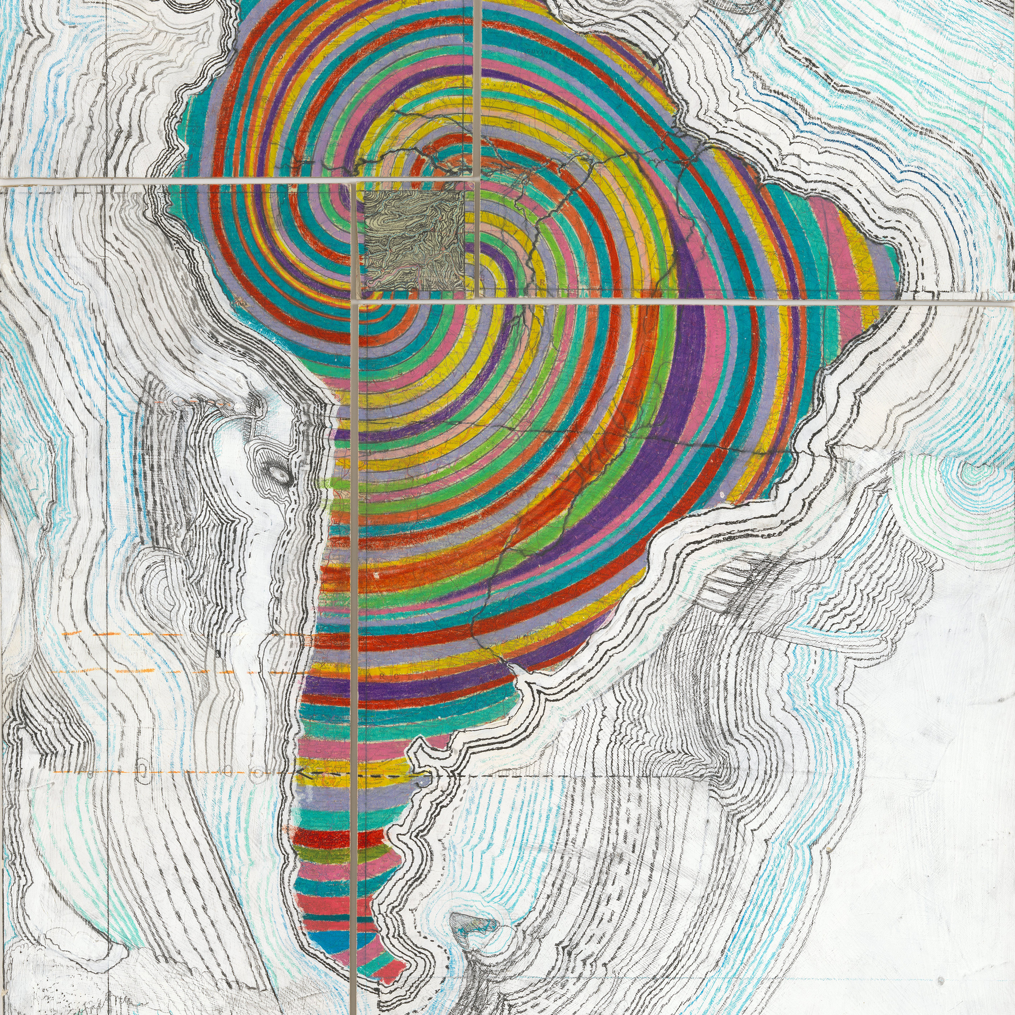 Juan Downey. Map of America. 1975. Colored pencil, pencil, and synthetic polymer paint on map on board. The Museum of Modern Art, New York. Purchased with funds provided by the Latin American and Caribbean Fund and Donald B. Marron. © 2015 Juan Downey / Artists Rights Society (ARS), New York