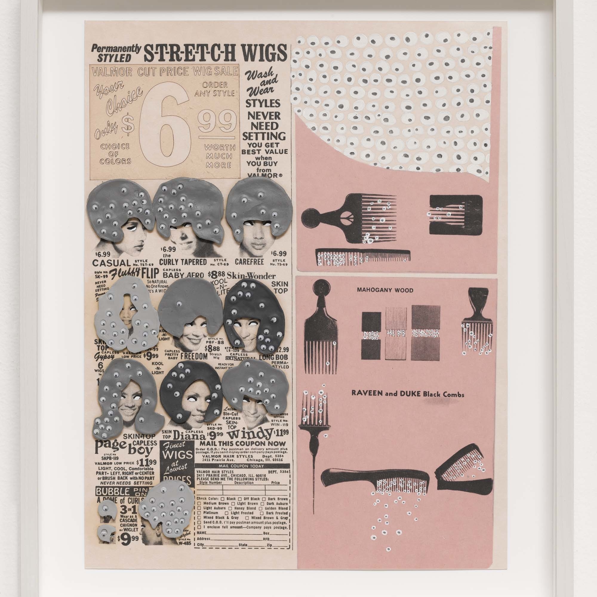 Ellen Gallagher. Black Combs from DeLuxe (detail). 2004–05. Photogravure, chine collé, oil, laser cutting, plasticine, and toy eyeballs, from a portfolio of 60 mixed media works, composition and sheet: 13 x 10" (33 x 25.4 cm). Publisher and printer: Two Palms Press, New York. Edition: 20. Acquired through the generosity of The Friends of Education of The Museum of Modern Art and The Speyer Family Foundation, Inc., with additional support from the General Print Fund. © 2012 Ellen Gallagher and Two Palms Press
