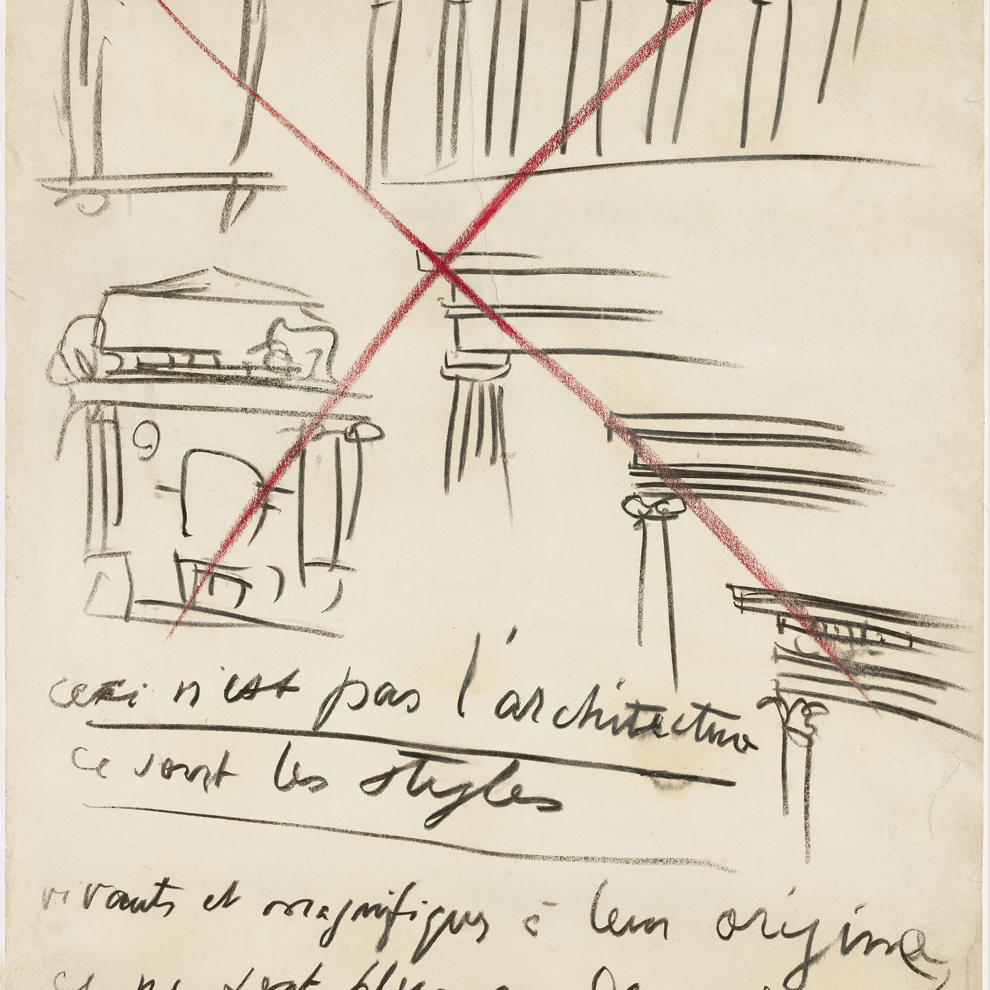 Le Corbusier (Charles-Édouard Jeanneret ). “Ceci n’est pas l’architecture” drawing from Buenos Aires Lecture. 1929. Charcoal and crayon on paper, 39¾ × 25 9/16″ (101 × 65 cm). Gift of Agnes Gund in honor of Patricia Phelps de Cisneros