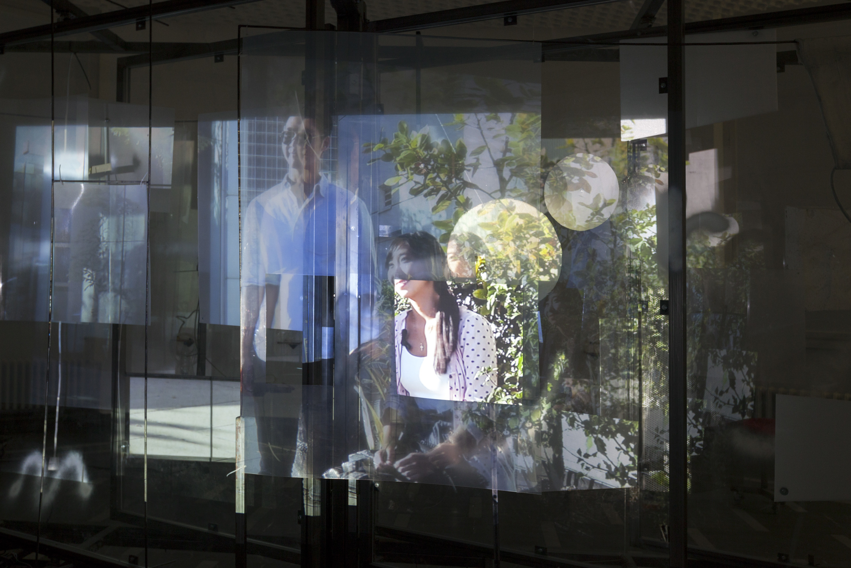 Neïl Beloufa. Superlatives and Resolution, People’s Passion, Movement and Life. 2014. Video (color, sound, 10:59 min), plexiglass, steel construction, digitally controlled motor, computer prints on paper, tape, plastic sheets, MDF, and clay, dimensions variable. Installation view, Hopes for the Best, Schinkel Pavilion, Berlin, April 4–May 31, 2015. Collection of K11Art Foundation, Hong Kong. Courtesy the artist; François Ghebaly Gallery, Los Angeles; Mendes Wood DM, São Paulo; and ZERO…, Milan. Photo: Andreas Rossetti