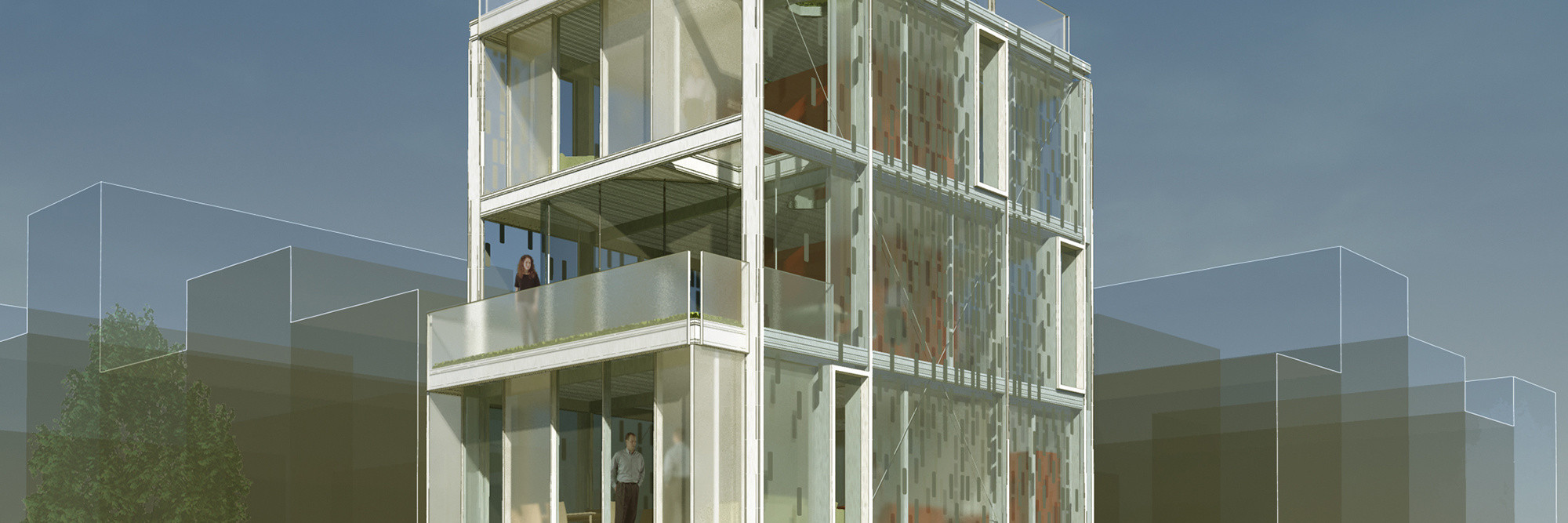 Kieran Timberlake Architects. Cellophane House (Exterior). 2008. Aluminum frame, custom steel connectors, polycarbonate floors and interior walls, acrylic stair, aluminum curtain wall and e2 glazing, glazing, translucent roof, metal grating for walkways and balconies, GRP Bathroom Pods, bathroom fixtures, plumbing trim and accessories, Next Gen SmartWrap™ (PET, Photovoltaics, Infrared blocking film), aluminum angles, LED lighting, kitchen casework, appliances, louvers and fans, epoxy paint, and nuts and bolts. Commissioned by the Museum of Modern Art on the occasion of the exhibition &#34;Home Delivery: Fabricating the Modern Dwelling&#34; This project supported in part by Kullman Buildings Corp., CVM Engineers, Arup Lighting, Schüco USA, Philips Solid-State Lighting Solutions, 3form, DuPont Teijin Films, PowerFilm, Valcucine, 3M Window FilmsTM-Prestige Series, Miele, Duravit, AF New York, Universal Services Associates, Inc., Capital Plastics Company, Craftweld Fabrication Company Inc., A&amp;B / McKeon Glass, Inc., Czarnowski, Bosch Rexroth, distributed by Airline Hydraulics Corporation, Total Plastics, Inc., Maspeth Welding, Inc., Burgess Steel, JE Berkowitz, LP and Oldcastle, CPI Daylighting, Inc., Greenheck, distributed by Del Ren Associates, ICI Paints, and Burnett Products Company, Inc.