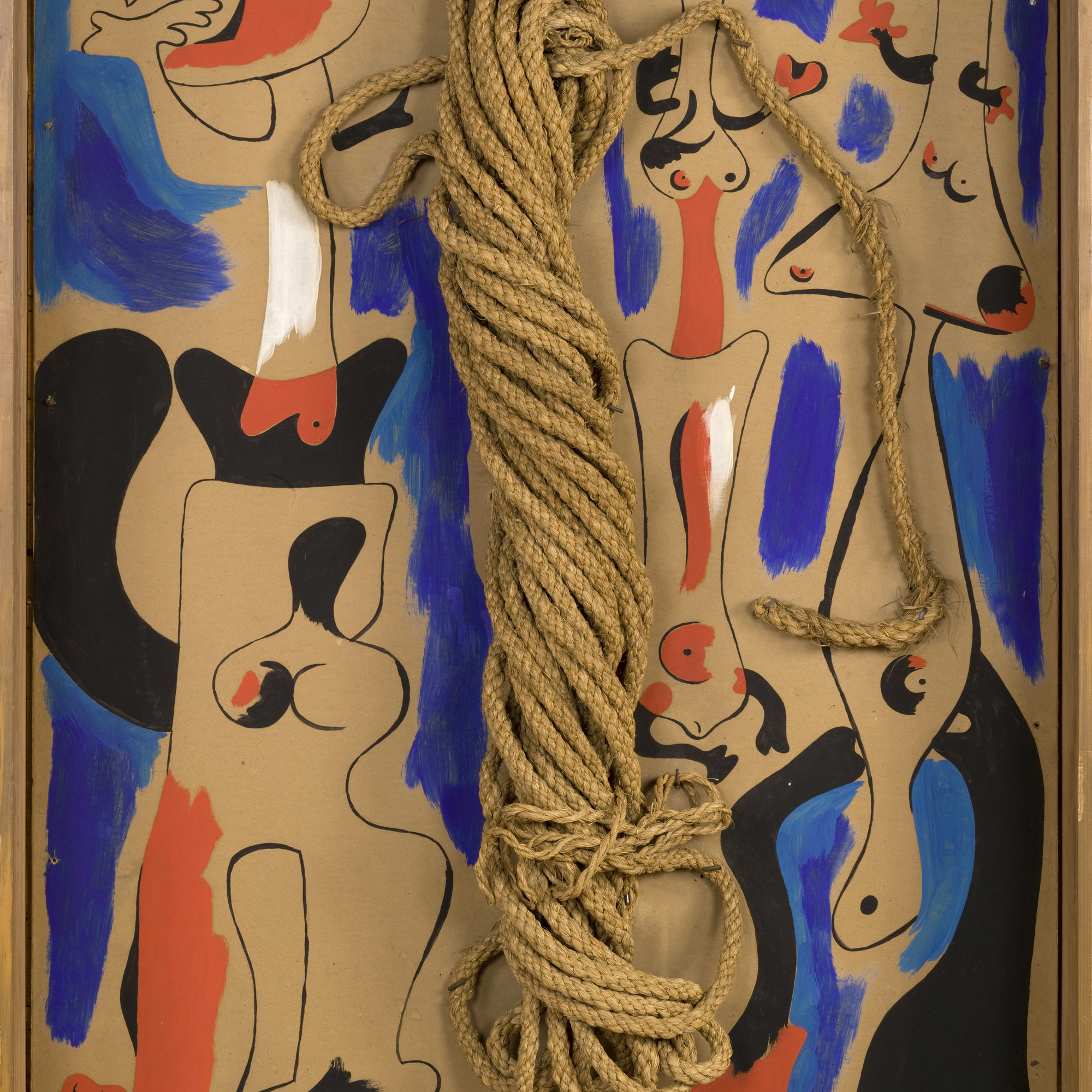 Joan Miró. Rope and People, I. 1935. Oil on cardboard mounted on wood, with coil of rope. 41 1/4 × 29 3/8″ (104.8 × 74.6 cm). Gift of the Pierre Matisse Gallery. © 2016 Successió Miró / Artists Rights Society (ARS), New York / ADAGP, Paris