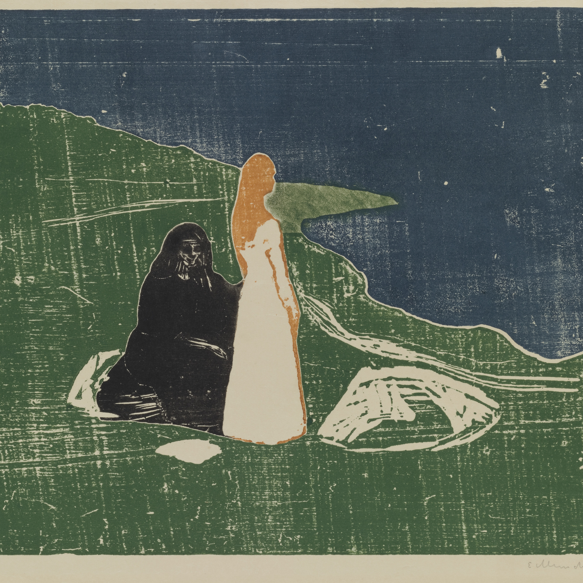 Edvard Munch. Two Women on the Shore (To kvinner ved stranden). 1898. Woodcut. Purchase. © 2016 The Munch Museum / The Munch-Ellingsen Group / Artists Rights Society (ARS), New York