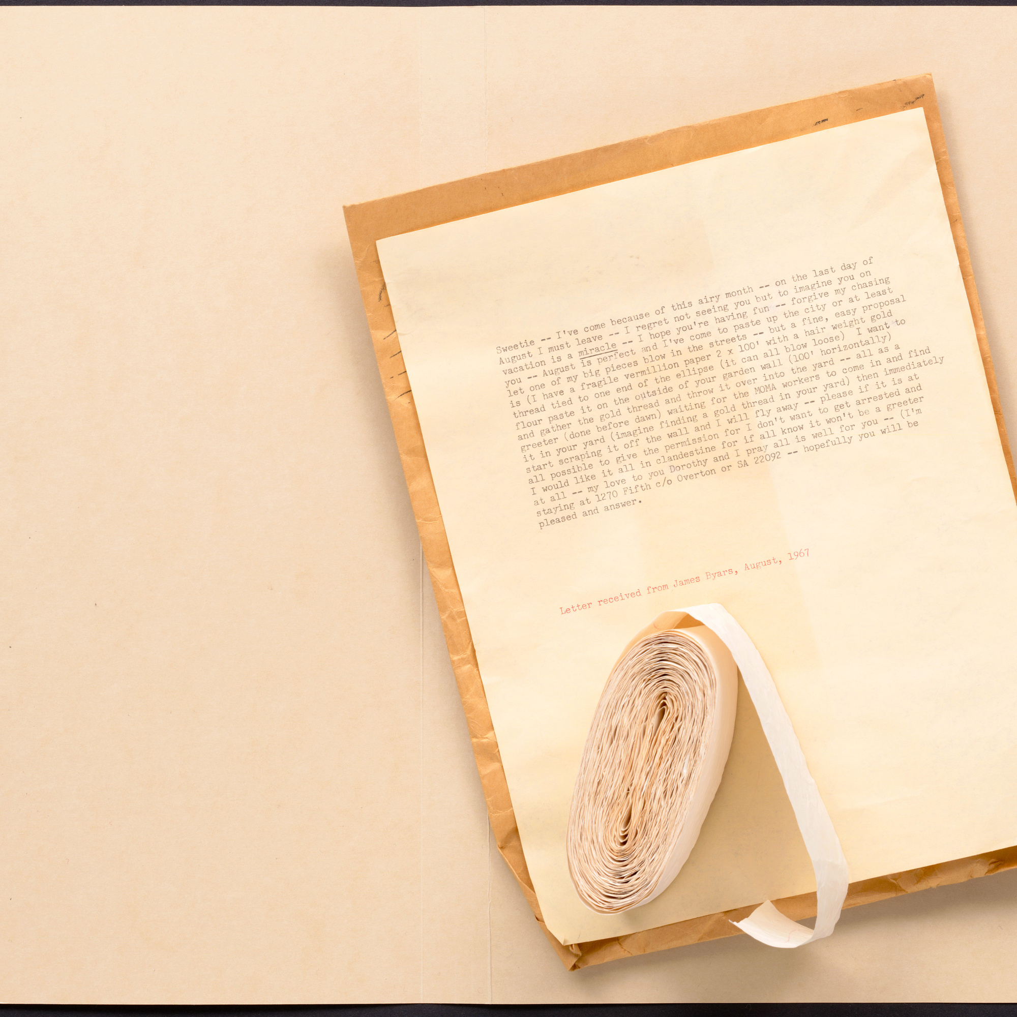 Documents from JLB, l. 14, from the James Lee Byars–Dorothy C. Miller Correspondence. Digital Image © MoMA, N.Y. Photo: Thomas Griesel