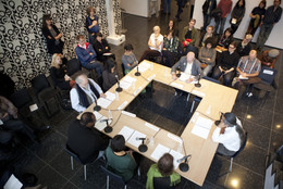 Andrea Geyer, Sharon Hayes, Ashley Hunt, Katya Sander, and David Thorne. Combatant Status Review Tribunals, pp. 002954–003064: A Public Reading. 2007. Performed at The Museum of Modern Art, 2011. © 2011 Julieta Cervantes/The Museum of Modern Art