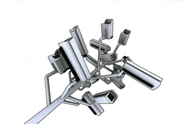 Raúl Cárdenas Osuna. Securitree transmitter. Prototype. 2004. Steel, 24″ × 57″ × 7′3″ (61 × 144.8 × 221 cm). Prototype by Bernardo Gutiérrez and Ana Martínez, Mexico (2004). Torolab and OMR Gallery. Photo: Raúl Cárdenas Osuna and Shijune Takeda