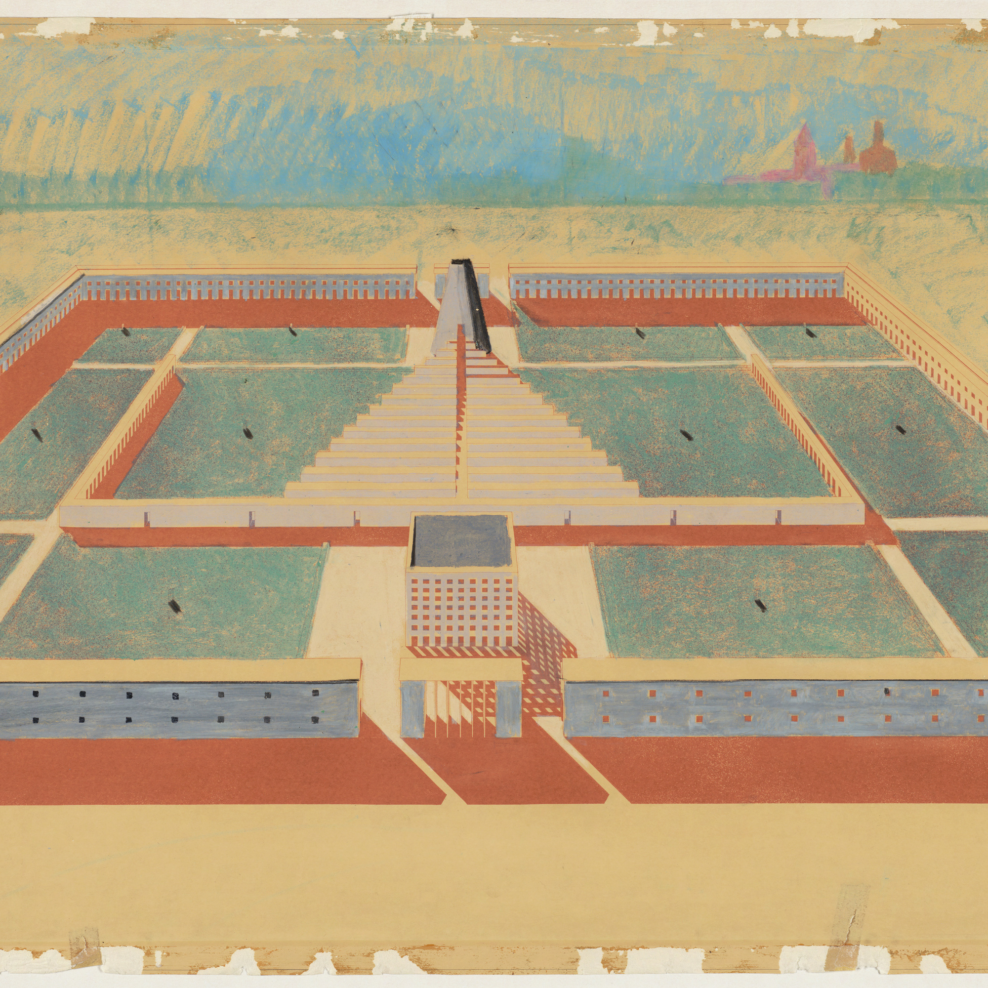 Aldo Rossi and Gianni Braghieri. Cemetery of San Cataldo Modena, Italy. Aerial perspective, 1971. Ink and graphite on tracing paper, 29 7/8 × 56 1/8″ (75.9 × 142.6 cm) (frame). The Museum of Modern Art, New York. Gift of the Howard Gilman Foundation