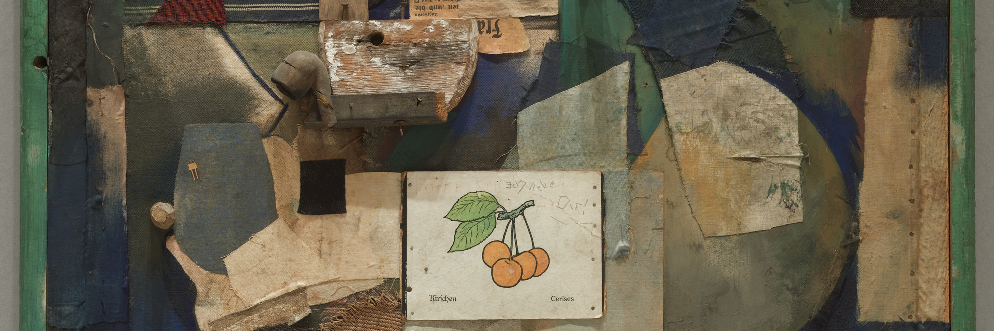 Kurt Schwitters. Merz Picture 32A. Cherry Picture (Merzbild 32A. Kas Kirschbild). 1921. Cut-and-pasted colored and printed papers, cloth, wood, metal, cork, oil, gouache, pencil, and ink on cardboard, 36 1/8 × 27 3/4″ (91.8 × 70.5 cm). The Museum of Modern Art, New York. Mr. and Mrs. A. Atwater Kent, Jr. Fund