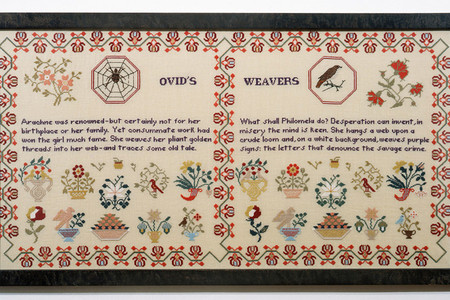 Elaine Reichek. Sampler (Ovid’s Weavers). 1996. Embroidery on linen, 19 1/4 × 35″ (48.9 × 88.9 cm). Collection Melva Bucksbaum, Aspen. Part of the installation When This You See… (1996–1999)