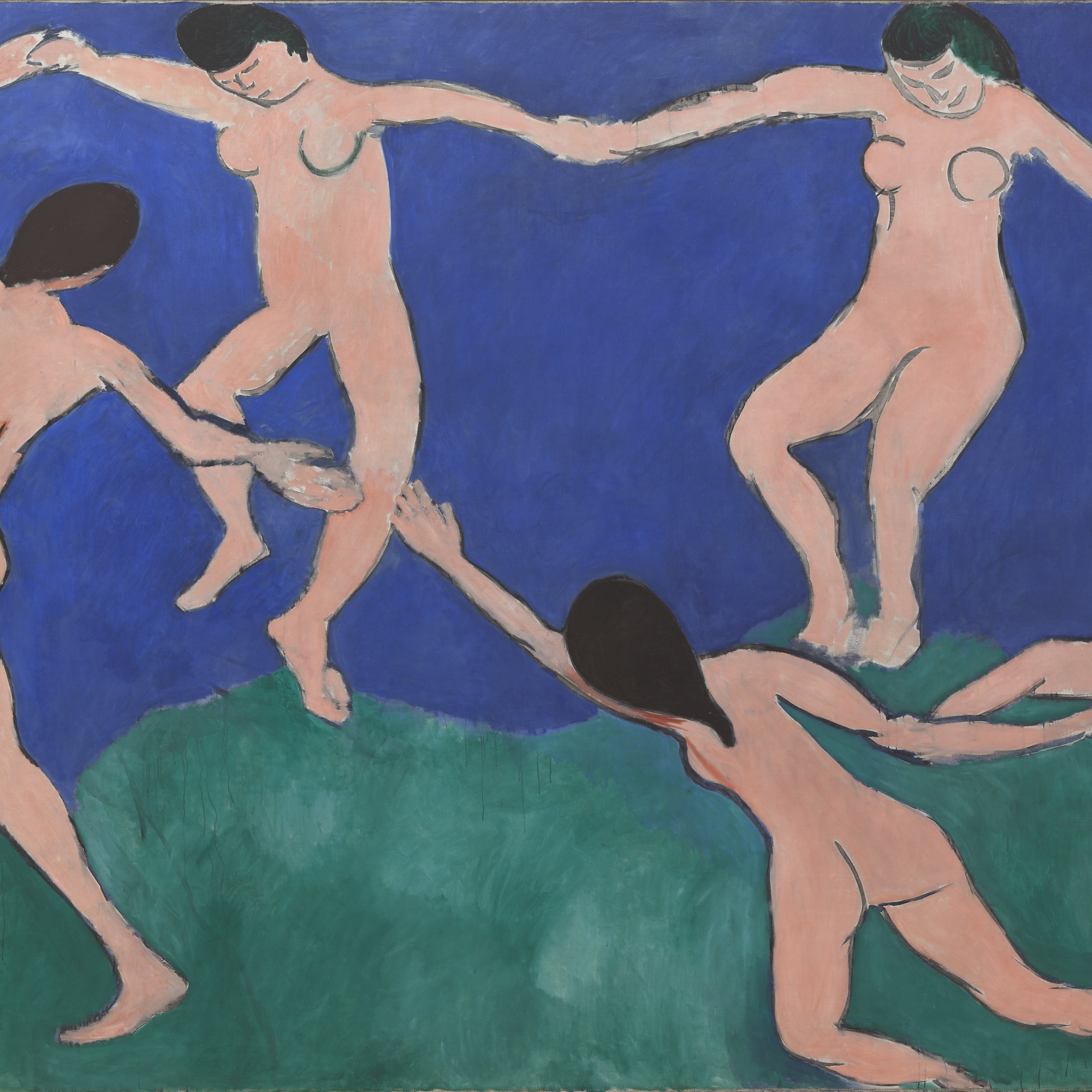 Henri Matisse. Dance (I). Paris, Boulevard des Invalides, early 1909. Oil on canvas, 8ʹ 6 1/2ʺ × 12ʹ 9 1/2ʺ (259.7 × 390.1 cm). Gift of Nelson A. Rockefeller in honor of Alfred H. Barr, Jr. © 2016 Succession H. Matisse / Artists Rights Society (ARS), New York