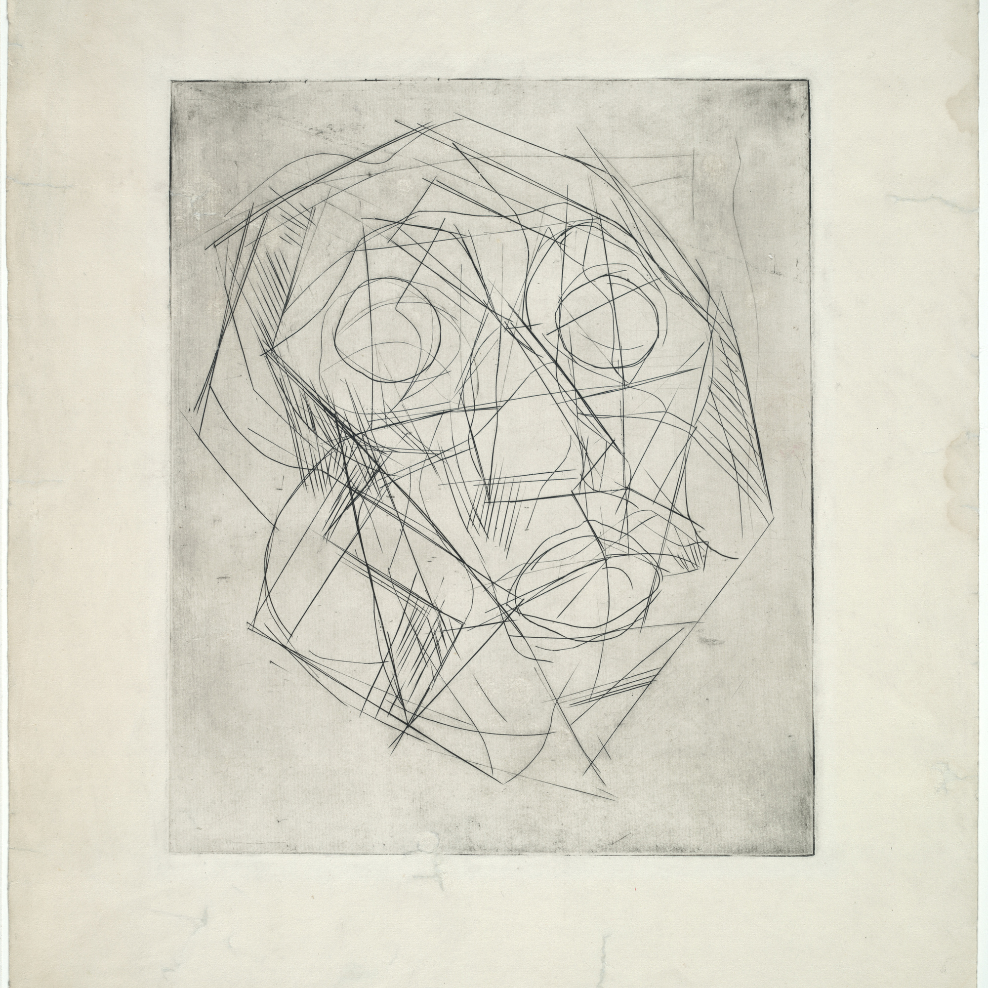 Alberto Giacometti. Cubist Head. 1933. Engraving, plate: 12 1/16 × 10ʺ (30.6 × 25.4 cm); sheet: 20 × 14 15/16ʺ (50.8 × 38 cm). Publisher: unpublished. Printer: the artist at Atelier 17, Paris. Edition: unique. Gift of Mr. Stanley W. Hayter. © 2016 Artists Rights Society (ARS), New York / ADAGP, Paris