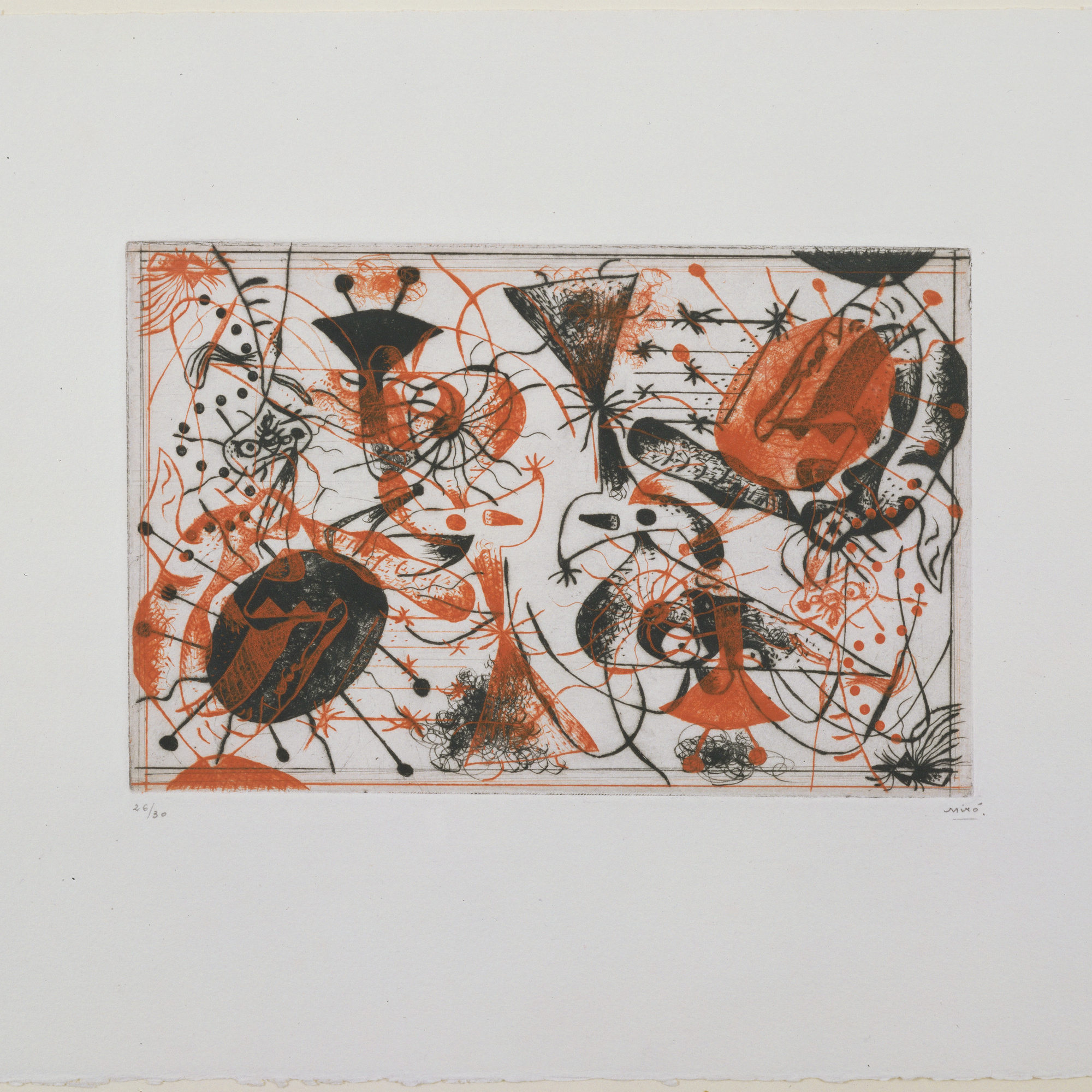 Joan Miró. Plate 8 from Black and Red Series (Série noire et rouge). 1938. Etching, 6 5/8 × 10 1/8ʺ (16.8 × 26.8 cm). Purchased with the Frances Keech Fund and funds given by Agnes Gund and Daniel Shapiro, Gilbert Kaplan, Jeanne C. Thayer, Reba and Dave Williams, Ann and Lee Fensterstock, Linda Barth Goldstein, Walter Bareiss, Mrs. Melville Wakeman Hall, Emily Rauh Pulitzer, and Mr. and Mrs. Herbert D. Schimmel. © 2016 Successió Miró / Artists Rights Society (ARS), New York / ADAGP, Paris