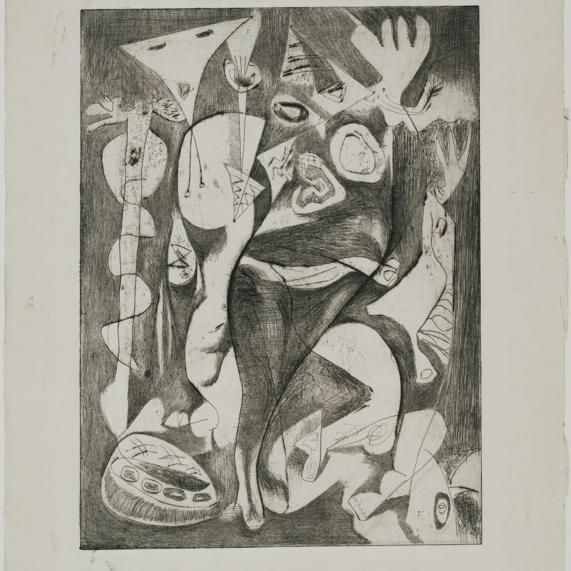 Jackson Pollock. Untitled (8), state I of II. 1944–1945. Engraving and drypoint, plate: 11 13/16 × 9ʺ (30 × 22.8 cm); sheet: 18 13/16 × 12 1/4ʺ (47.8 × 31.1 cm). Publisher: unpublished. Printer: the artist at Atelier 17, New York. Edition: unique trial proof before the 1967 posthumous proofs. Gift of Lee Krasner Pollock. © 2016 Pollock-Krasner Foundation / Artists Rights Society (ARS), New York