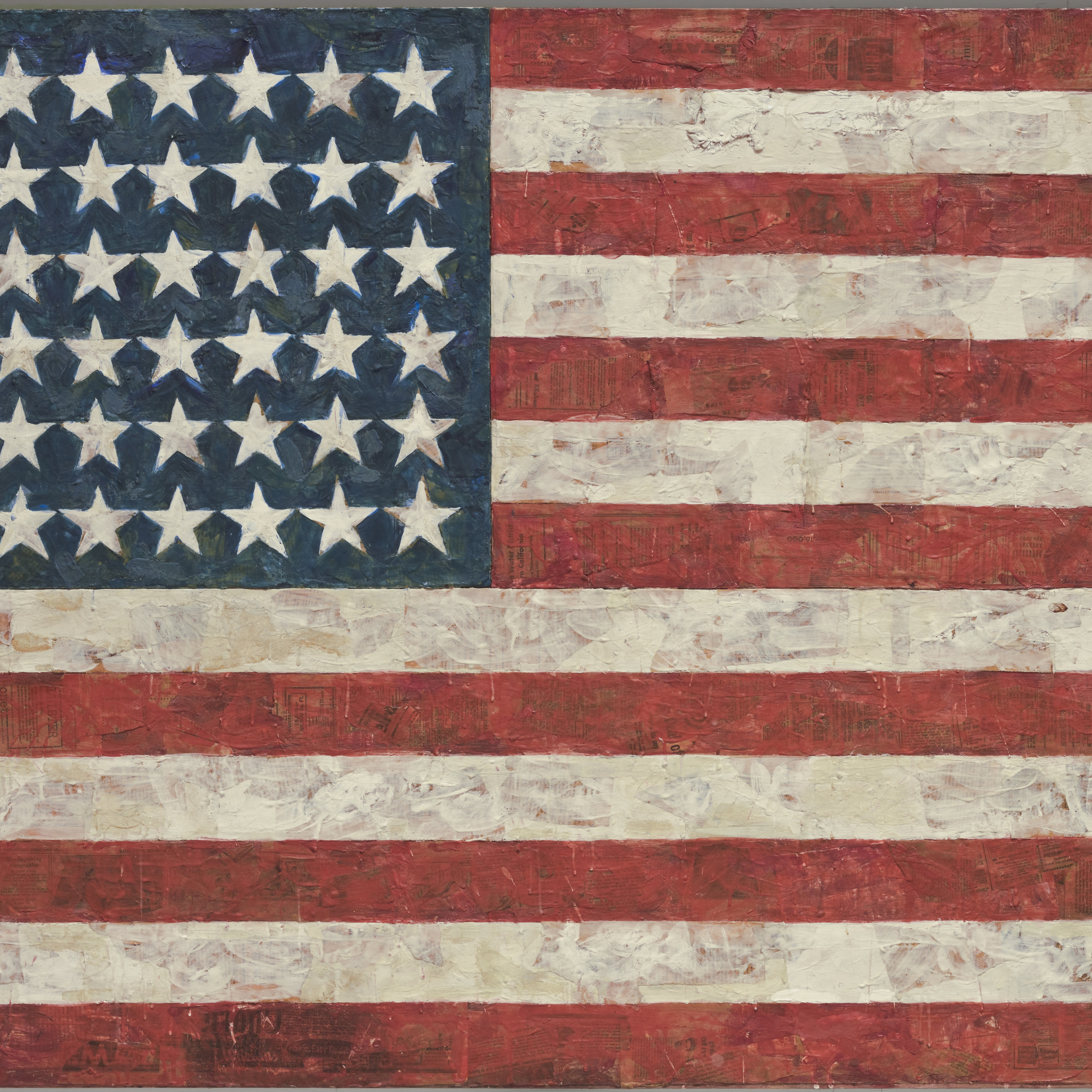 Jasper Johns. Flag. 1954–55 (dated on reverse 1954). Encaustic, oil, and collage on fabric mounted on plywood, three panels, 42 1/4 × 60 5/8″ (107.3 × 153.8 cm). Gift of Philip Johnson in honor of Alfred H. Barr, Jr. © 2016 Jasper Johns / Licensed by VAGA, New York, NY