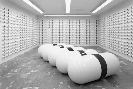 General Idea. One Day of AZT and One Year of AZT. 1991. Five units of fiberglass, each 33 7/16″ × 84 1/8 × 33 7/16″; 1,825 units of vacuum-formed polystyrene with vinyl, each 4 7/8 × 12 3/8 × 3″. Collection National Gallery of Canada, Ottawa. Installation view at The Museum of Modern Art, New York. Photo: Erik Landsberg