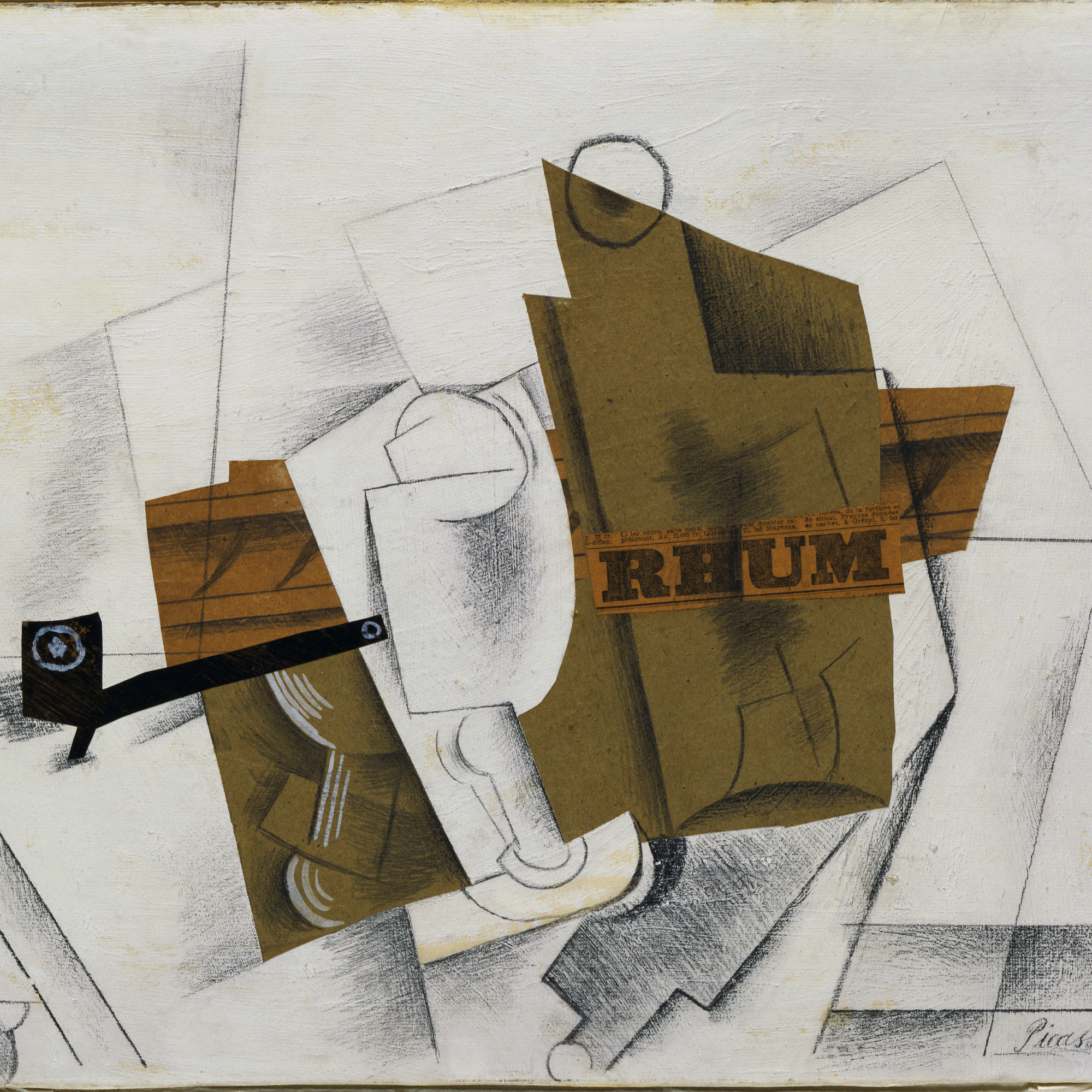 Pablo Picasso. Pipe, Glass, Bottle of Rum. March 1914. Cut-and-pasted colored paper, printed paper, and painted paper, pencil, and gouache on prepared board, 15 3/4 × 20 3/4″ (40 × 52.7 cm). Gift of Mr. and Mrs. Daniel Saidenberg. © 2008 Estate of Pablo Picasso / Artists Rights Society (ARS), New York