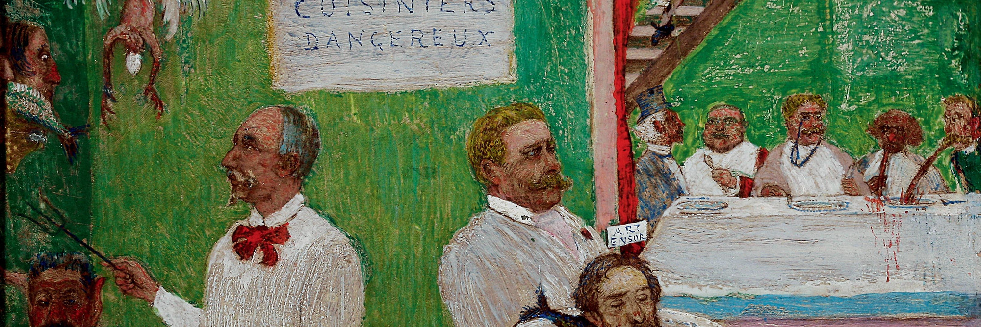 James Ensor (Belgian, 1860–1949). The Dangerous Cooks. 1896. Pencil, gouache, and oil on board, 7 7/8 × 9 13/16″. Private collection. © 2009 Artists Rights Society (ARS), New York / SABAM, Brussels