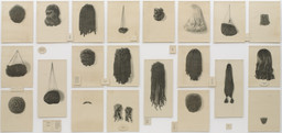 Lorna Simpson. Wigs (Portfolio). 1994. Portfolio of 21 lithographs on felt, with 17 lithographed felt text panels, overall: 6′ × 13′ 6″ (182.9 × 411.5 cm). Purchased with funds given by Agnes Gund, Howard B. Johnson, and Emily Fisher Landau. © 2017 Lorna Simpson. Photo: John Wronn