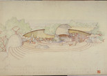 Frank Lloyd Wright. Raul Bailleres House (Acapulco, Mexico). Unbuilt project. 1952. Brown ink, pencil, and color pencil on tracing paper, 31 3/4 x 52 7/8″ (80.6 × 134.3 cm). The Frank Lloyd Wright Foundation Archives (The Museum of Modern Art | Avery Architectural &amp; Fine Arts Library, Columbia University, New York)