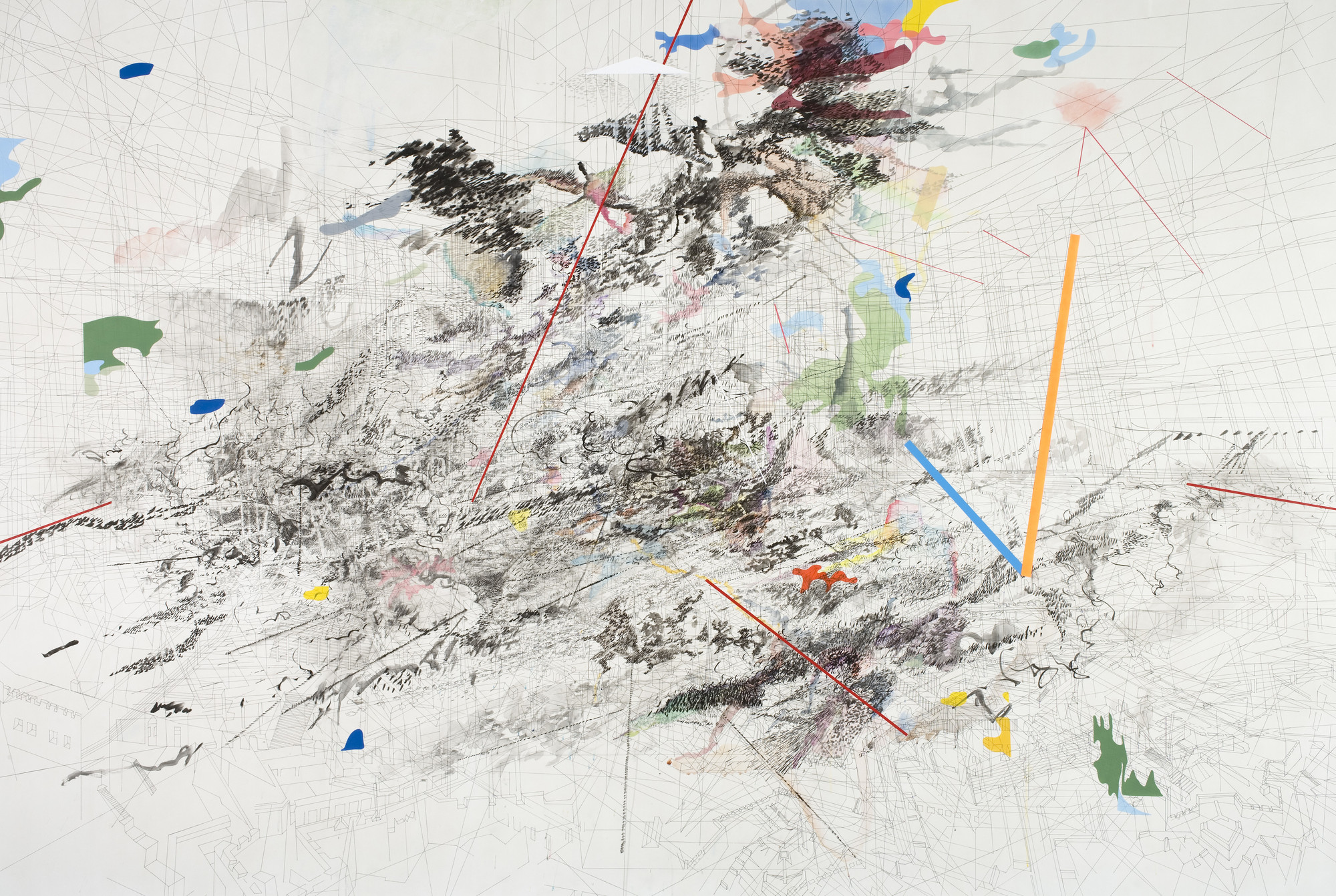 Julie Mehretu. _Rising Down_. 2008. Ink and acrylic on canvas, 96 x 144" (243.8 x 365.8 cm). Collection Jeanne Greenberg Rohatyn, New York. Photo by Tim Thayer. © 2010 Julie Mehretu