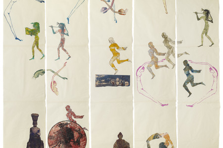 Nancy Spero. The Goddess Nut II. 1990. Handprinting and printed collage on paper, five panels, 7&#39; x 9&#39; 2&#34; (213.4 x 279.4 cm) overall. © 2019 The Nancy Spero and Leon Golub Foundation for the Arts/Licensed by VAGA at ARS, NY, courtesy Galerie Lelong &amp; Co. Photo: Michael Bodycomb