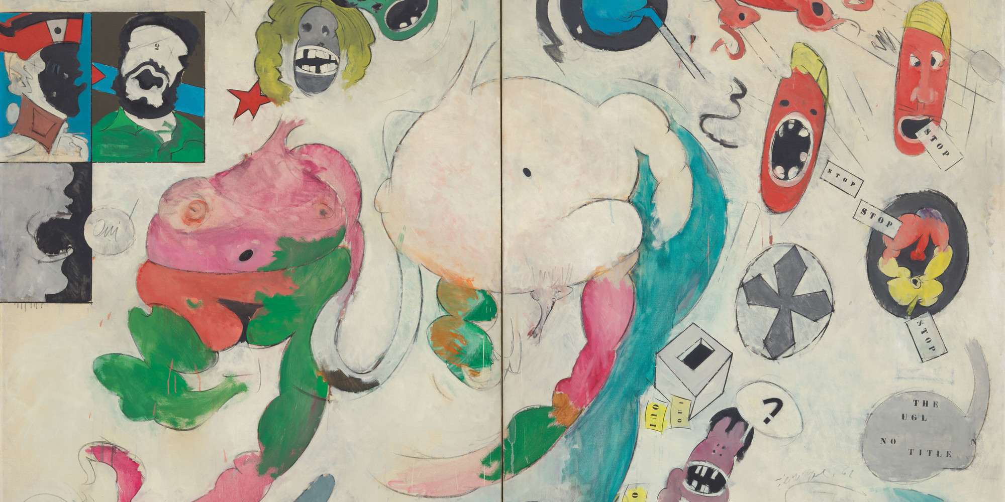 Hervé Télémaque. No Title (The Ugly American). 1962/64. Oil on canvas, in two panels, 77 1/2 × 102 3/8" (197 × 260 cm). Gift of Marie-Josée and Henry R. Kravis in honor of a lovely American, Jerry Speyer. © Hervé Télémaque. Courtesy of the artist