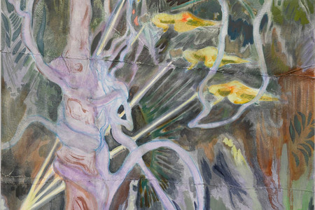 Michael Armitage. Seraph. 2017. Oil on lubugo bark cloth, 78 3/4 × 59 1/16&#34; (200 x 150 cm). Private collection