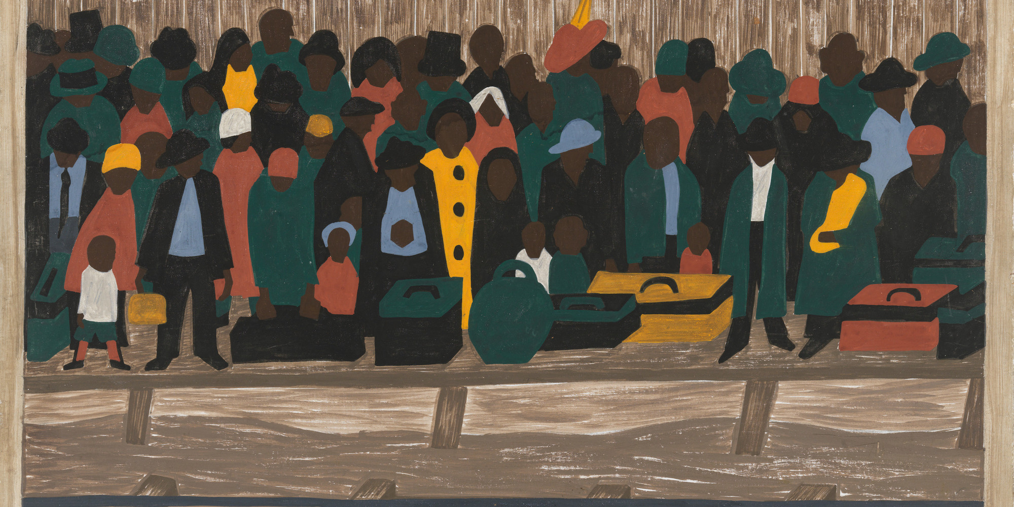 Jacob Lawrence. And the migrants kept coming. 1940–41. Casein tempera on hardboard, 12 × 18" (30.5 × 45.7 cm). Gift of Mrs. David M. Levy. © 2020 Jacob Lawrence/Artists Rights Society (ARS), New York