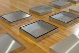 Donald Judd. Untitled.1976-1977. Stainless steel. 21 units, each 4 × 27 × 23&#34; (10.2 × 68.6 × 58.4 cm), with 13.5&#34; (34.3 cm) intervals. Overall: 4 × 108 × 230&#34; (10.2 × 274.3 × 584.2 cm). Collection of the Des Moines Art Center. Purchased with funds from the