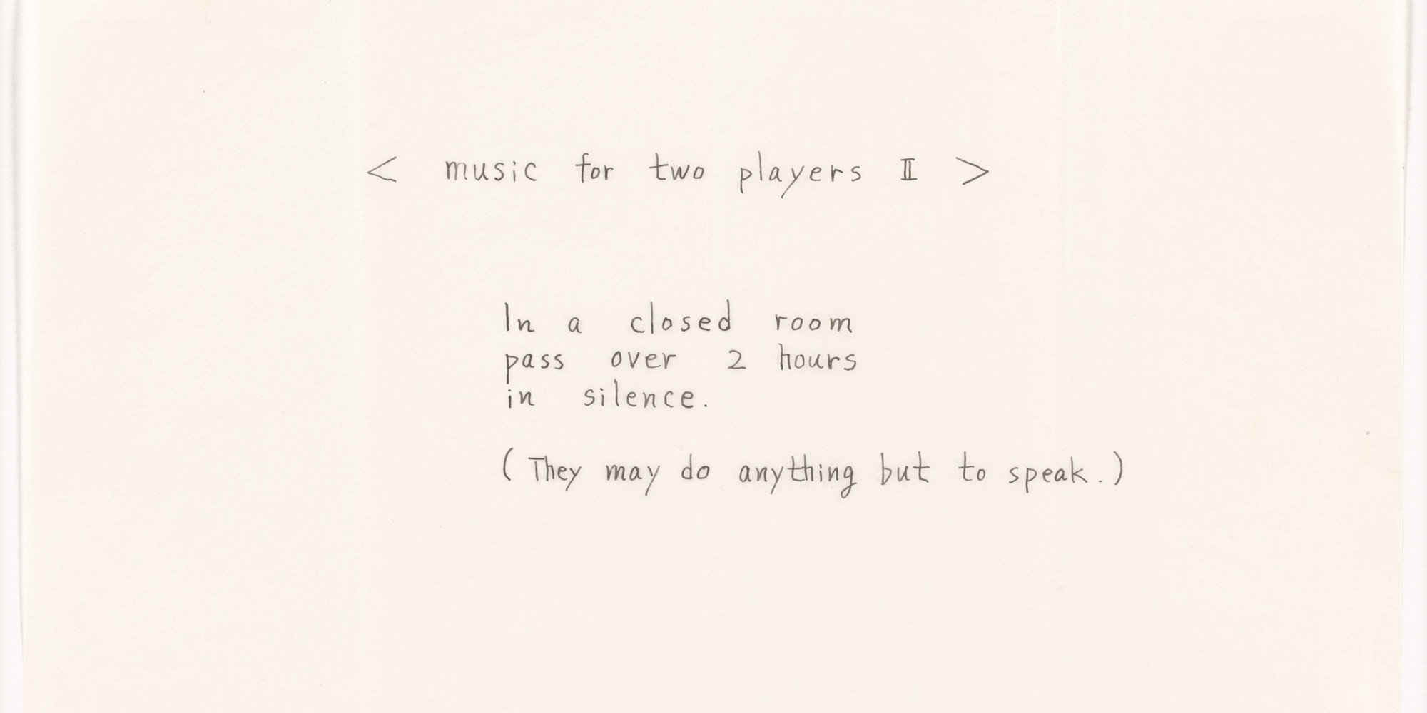 Mieko Shiomi. &lt; music for two players II &gt;. 1963. Ink on paper, sheet: 6 15/16 × 9 15/16&#34; (17.7 × 25.3 cm). The Gilbert and Lila Silverman Fluxus Collection Gift. © 2020 Mieko Shiomi