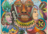 Minnie Evans. Untitled. c. 1973. Pencil, crayon, and ink on paper. The Museum of Modern Art, New York. Gift of Mrs. Nina Howell Starr Alt-text: An expansive dreamlike scene drawn using various pinks, oranges, blues, and greens. The central brown face floats in the center of the drawing, flanked by two smaller pink and beige faces drawn in profile. All three are adorned with headpieces. Flora and fauna, including a butterflies and birds, surround them in this allover composition.