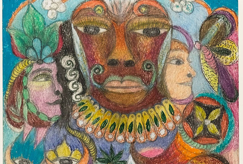 Minnie Evans. Untitled. c. 1973. Pencil, crayon, and ink on paper. The Museum of Modern Art, New York. Gift of Mrs. Nina Howell Starr Alt-text: An expansive dreamlike scene drawn using various pinks, oranges, blues, and greens. The central brown face floats in the center of the drawing, flanked by two smaller pink and beige faces drawn in profile. All three are adorned with headpieces. Flora and fauna, including a butterflies and birds, surround them in this allover composition.