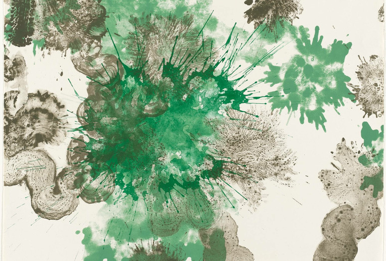 Ruth Asawa. Spring. 1965. Lithograph. Tamarind Lithography Workshop, Inc., Los Angeles. Gift of Kleiner, Bell & Co. © Estate of Ruth Asawa Alt Text: A landscape-oriented lithograph with swaths of watery leaf green and mud brown ink snaking around the page. Large splatters of the green and brown inks mix in the middle.
