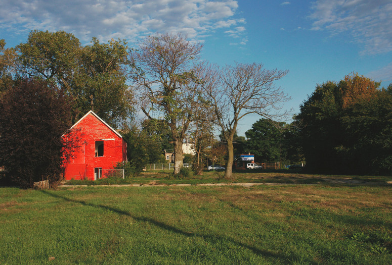 Amanda Williams. Harold's Chicken Shack, from the Color(ed) Theory Suite. 2014–2016. Pigmented inkjet print. Fund for the Twenty-First Century Alt Text: A photograph of a large grassy yard under a cloud-dotted blue sky. A concrete path winds across the yard, ending on the left at a brightly colored but worn orange-red house with no windows and a fence covered in overgrowth. Centered in the background is another wooden house, hidden behind trees and surrounded by a few parked cars. Large green and brown leafy hedges frame this residential landscape on the left and right sides, and the long shadows of trees streak across the yard.