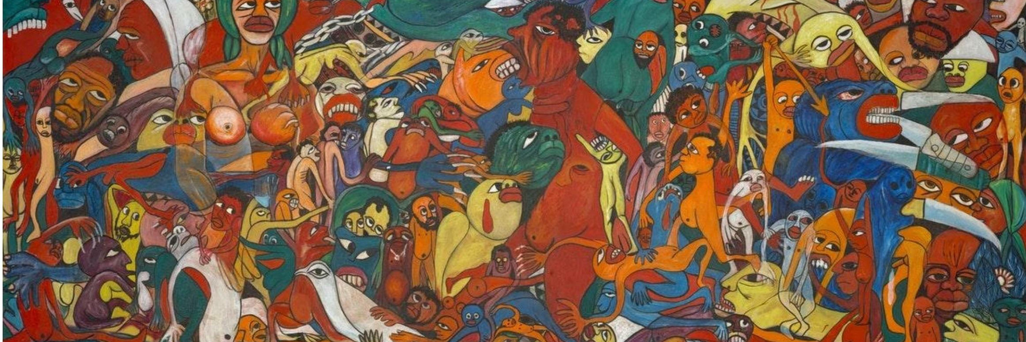 Malangatana Valente Ngwenya. Cry for Freedom. 1973. Oil on hardboard, 48 × 120 3/16&#34; (121.9 × 305.3 cm). Gift of Glenn and Eva Dubin