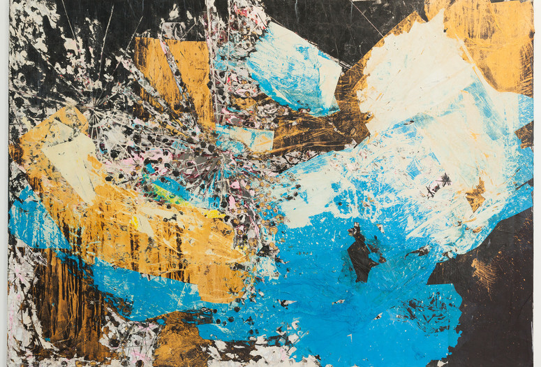 Image: Mark Bradford. Let's Walk to the Middle of the Ocean. 2015. Paper, acrylic paint, and acrylic varnish on canvas. Anonymous gift Alt Text: A large-scale landscape-oriented mixed media artwork, with an abstract clash of sky blue, muted gold, black, and white shapes extending to the edges of the canvas. Torn paper and splashed paint are layered on top of each other, with some areas defined in pale pink and mud gray paint. On the left side of the composition, there are carved lines emanating from various areas like cracked glass or a map of a city center.